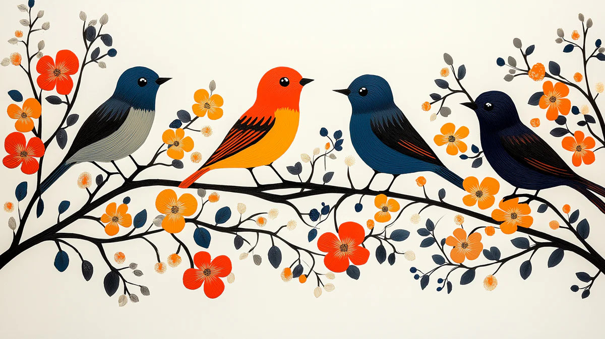 Stylized Songbirds on Flowering Branches Mural Wallpaper - room preview 02