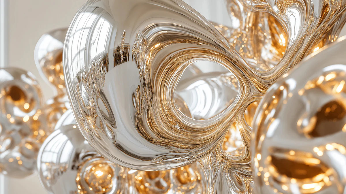 Liquid Chrome and Gold Abstract Sculpture Mural Wallpaper - room preview 02