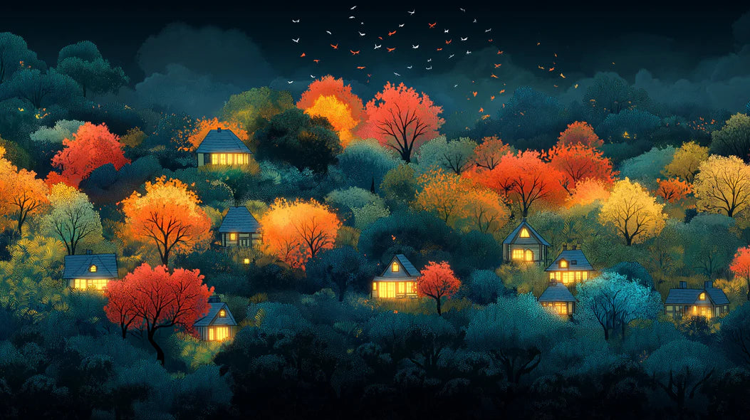 Glowing Village in a Misty Autumn Forest Mural Wallpaper Ethereal and Magical Scene Mural Wallpaper - room preview 02