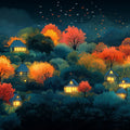 Glowing Village in a Misty Autumn Forest Mural Wallpaper Ethereal and Magical Scene Mural Wallpaper - room preview 02
