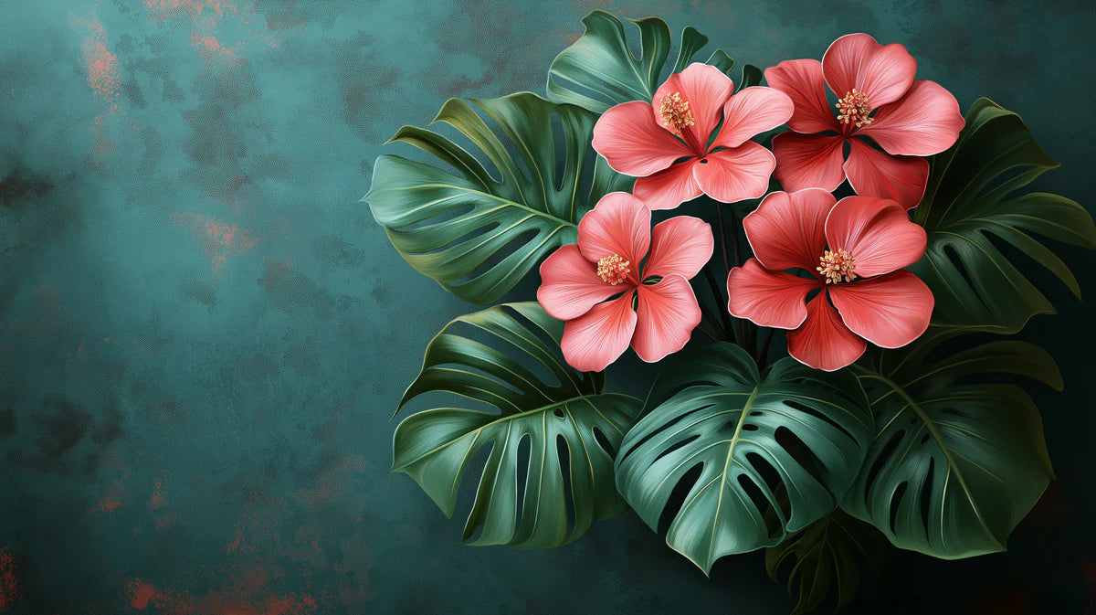 Modern Tropical Hibiscus and Monstera Leaves Mural Wallpaper Bold Floral Art Mural Wallpaper - room preview 02