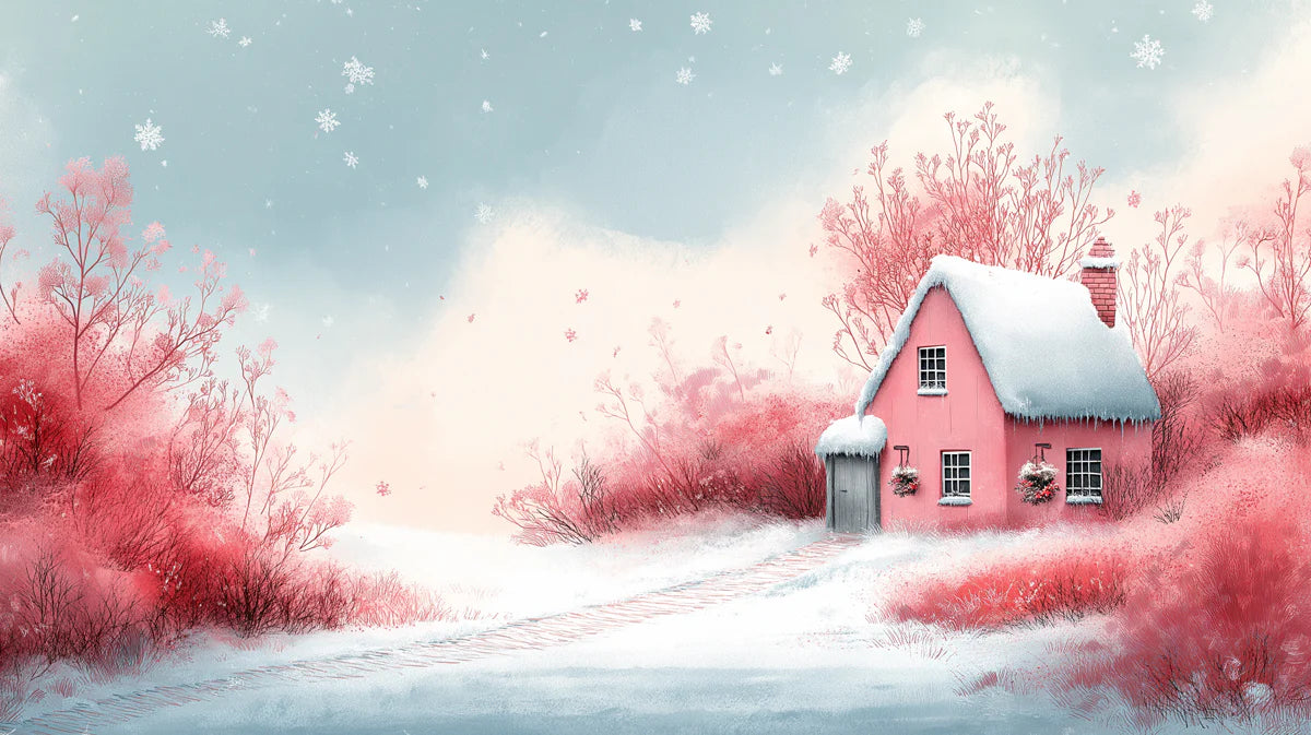 Pink Winter Cottage Mural Wallpaper — Whimsical Snowy Landscape Mural Wallpaper - room preview 02