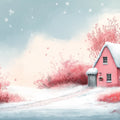 Pink Winter Cottage Mural Wallpaper — Whimsical Snowy Landscape Mural Wallpaper - room preview 02