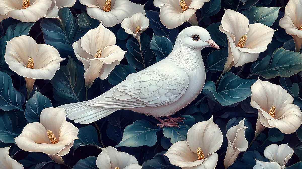 White Dove in a Field of Calla Lilies Mural Wallpaper Peaceful and Beautiful Floral Scene Mural Wallpaper - room preview 02