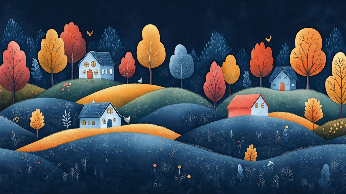 Colorful Autumn Village in a Dark Landscape Mural Wallpaper Whimsical Night Scene Mural Wallpaper - room preview 02