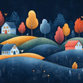 Colorful Autumn Village in a Dark Landscape Mural Wallpaper Whimsical Night Scene Mural Wallpaper - room preview 02