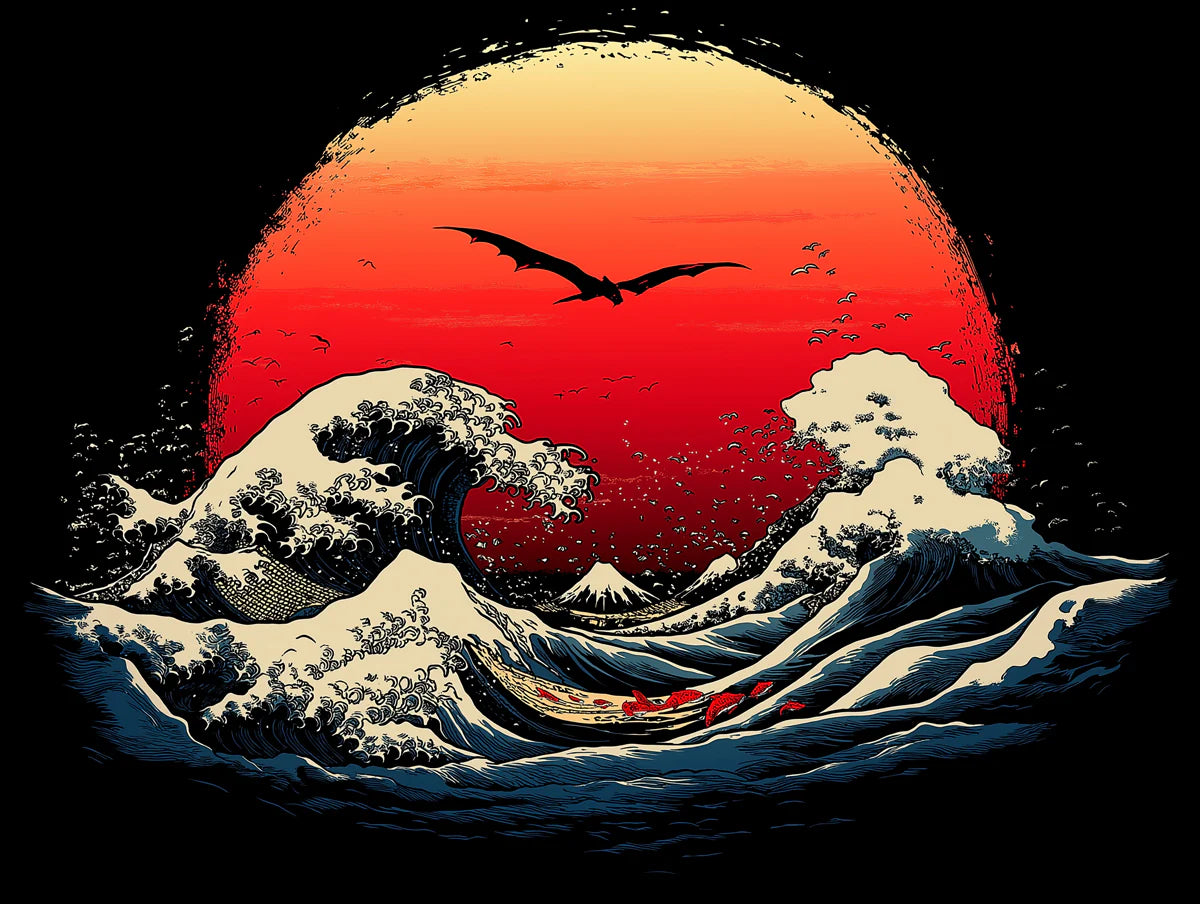 Japanese Dragon and Great Wave Mural Wallpaper — Mythical Art Mural Wallpaper - room preview 02