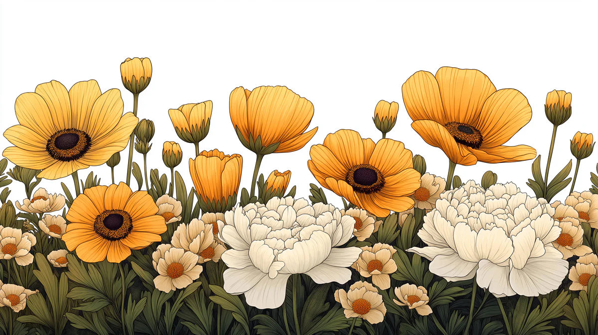 Golden Flowers in a Meadow Mural Wallpaper Vibrant Floral Art Mural Wallpaper - room preview 02