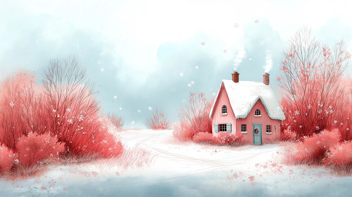 Pink Cottage Winter Landscape Mural Wallpaper —Whimsical Scene Mural Wallpaper - room preview 02