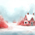 Pink Cottage Winter Landscape Mural Wallpaper —Whimsical Scene Mural Wallpaper - room preview 02