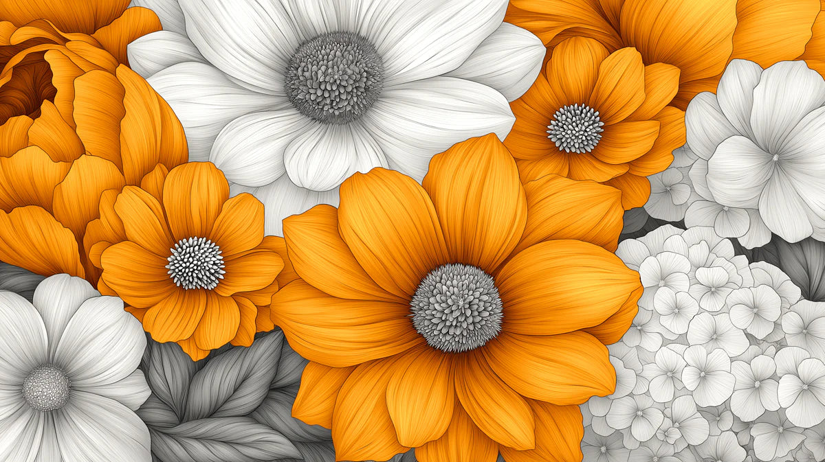 Modern Golden and White Floral Mural Wallpaper High-Contrast Botanical Art Mural Wallpaper - room preview 02