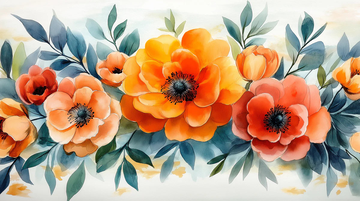 Vibrant Watercolor Floral Border Mural Wallpaper Bold Botanical Art Mural Wallpaper - room preview 02