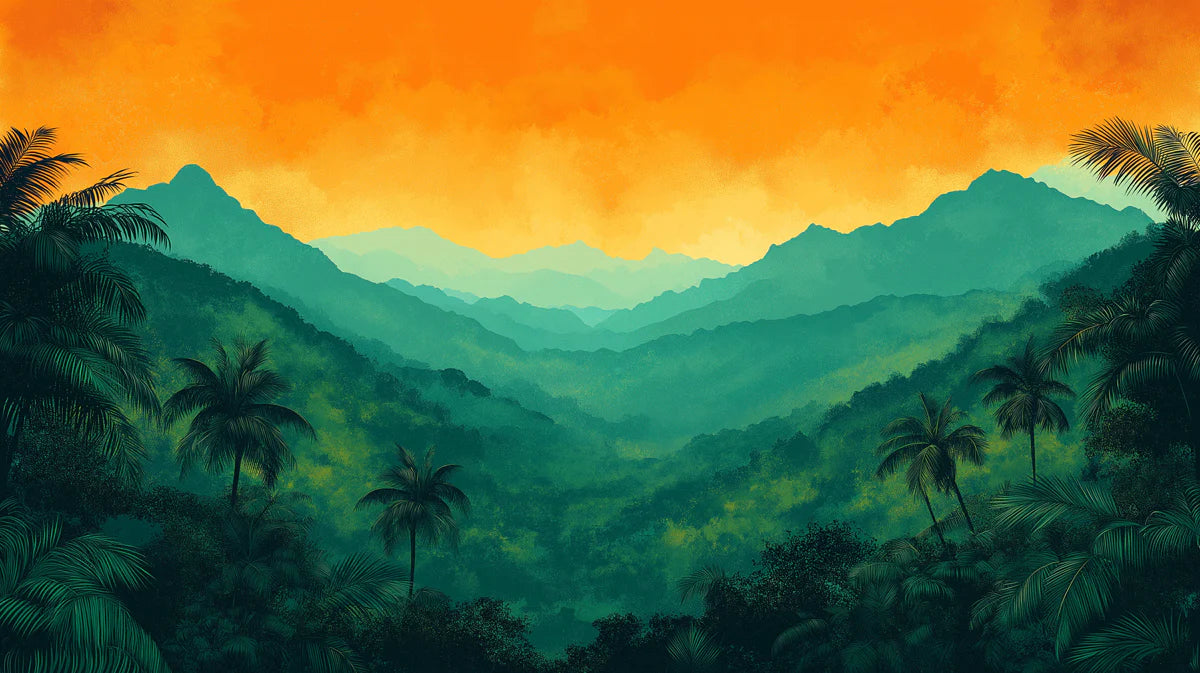 Vibrant Tropical Mountain Valley at Sunset Mural Wallpaper Colorful Jungle Landscape Mural Wallpaper - room preview 02