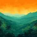 Vibrant Tropical Mountain Valley at Sunset Mural Wallpaper Colorful Jungle Landscape Mural Wallpaper - room preview 02