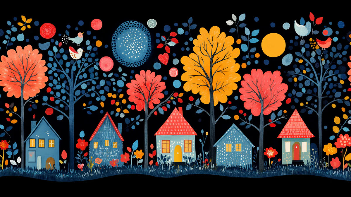Stylized Folk Art Village at Night Mural Wallpaper Vibrant and Playful Scene Mural Wallpaper - room preview 02
