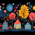 Stylized Folk Art Village at Night Mural Wallpaper Vibrant and Playful Scene Mural Wallpaper - room preview 02