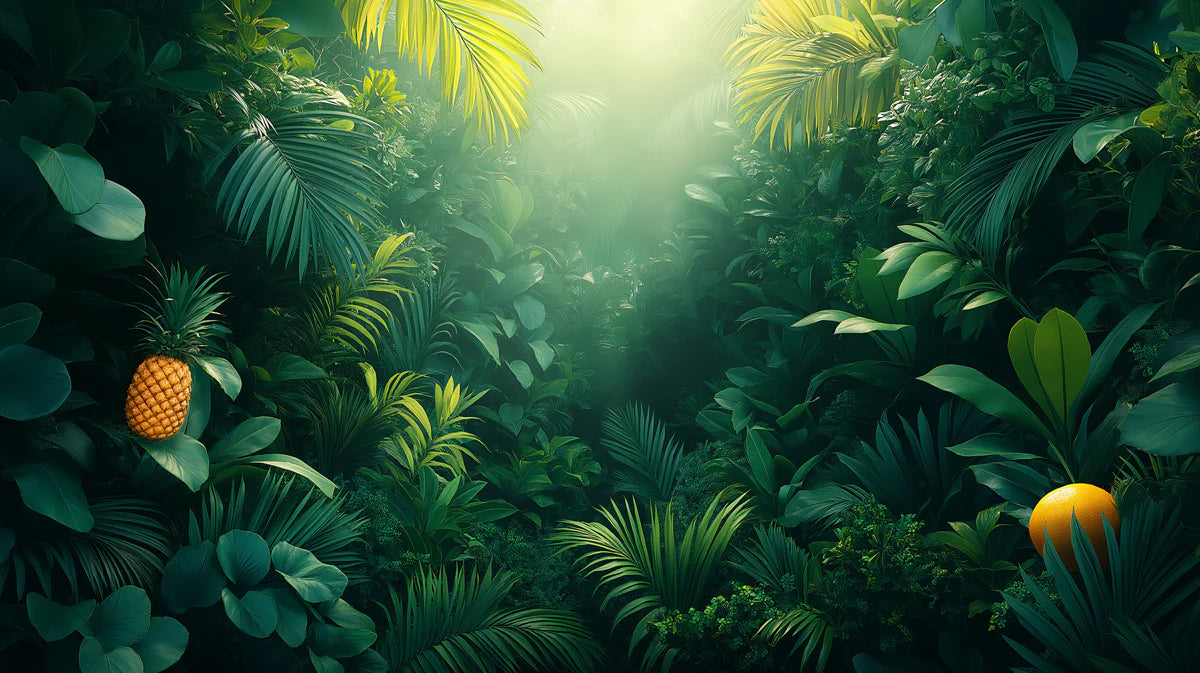Lush Jungle with Fruits and Sunlight Mural Wallpaper Vibrant and Exotic Art Mural Wallpaper - room preview 02