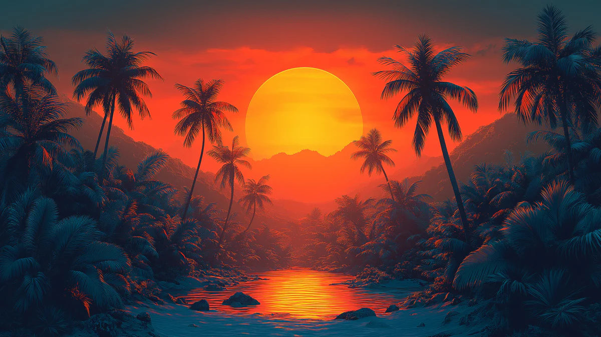 Sunset over a Tropical River Mural Wallpaper Colorful and Exotic Landscape Mural Wallpaper - room preview 02