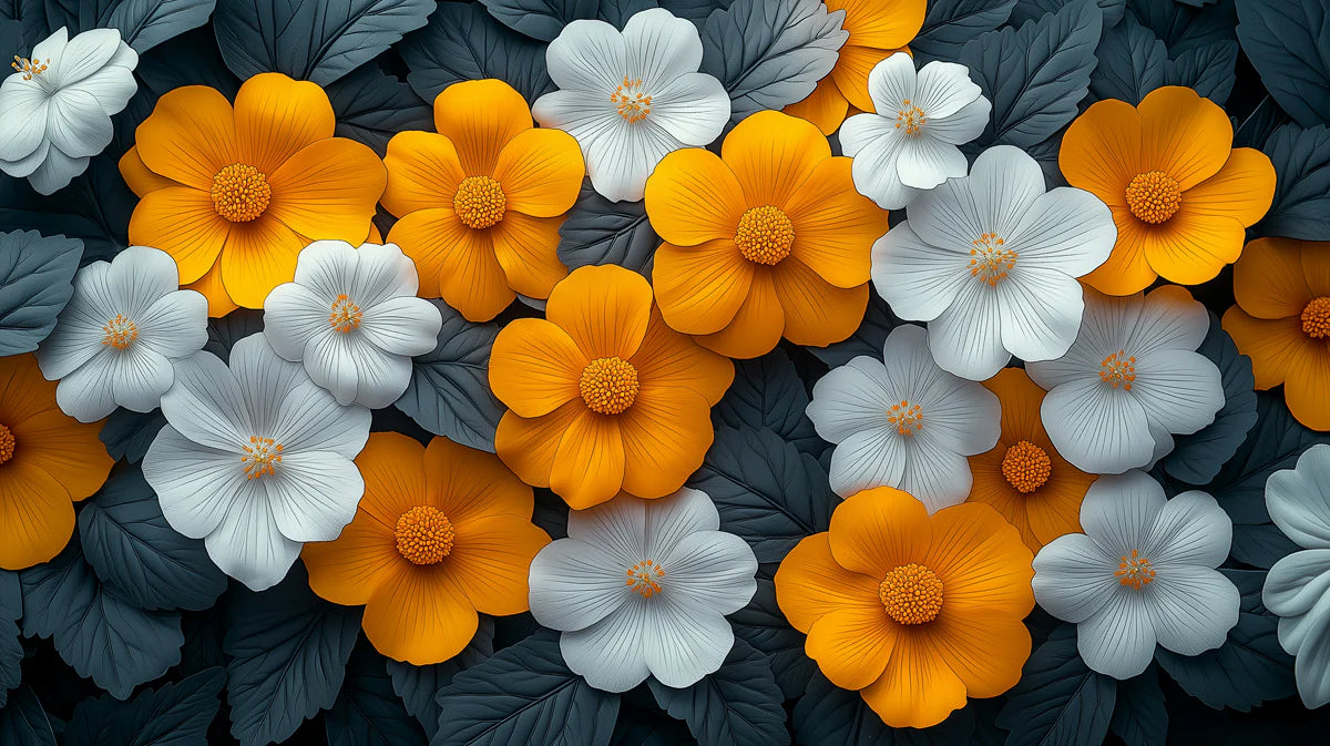 Colorful Floral Pattern with Golden and White Flowers Mural Wallpaper Abstract Botanical Art Mural Wallpaper - room preview 02