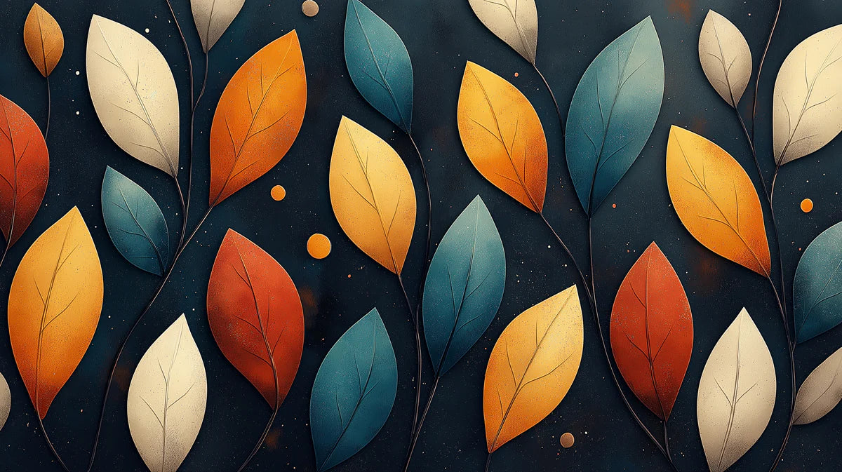 Stylized Colorful Leaves on Branches Mural Wallpaper Modern Folk Art Pattern Mural Wallpaper - room preview 02