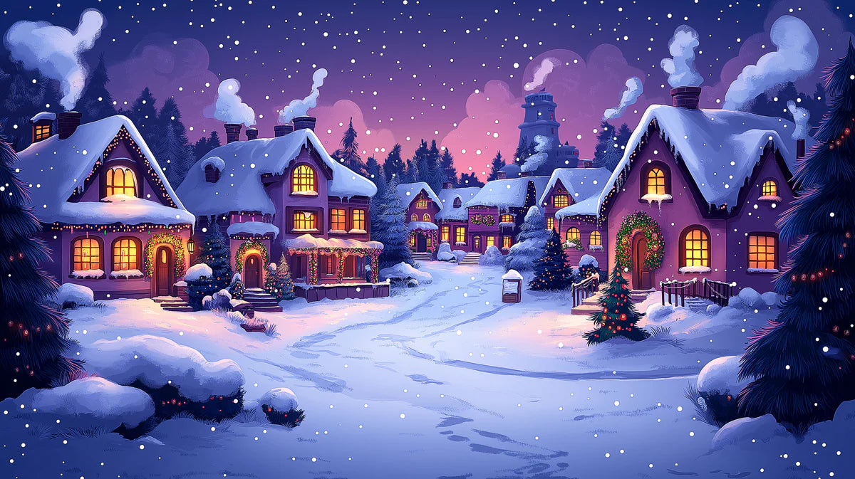 Snowy Christmas Village Mural Wallpaper — Festive Holiday Night Scene Mural Wallpaper - room preview 02