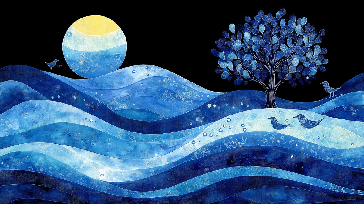 Moonlit Blue Landscape Mural Wallpaper — Whimsical Night Scene Mural Wallpaper - room preview 02