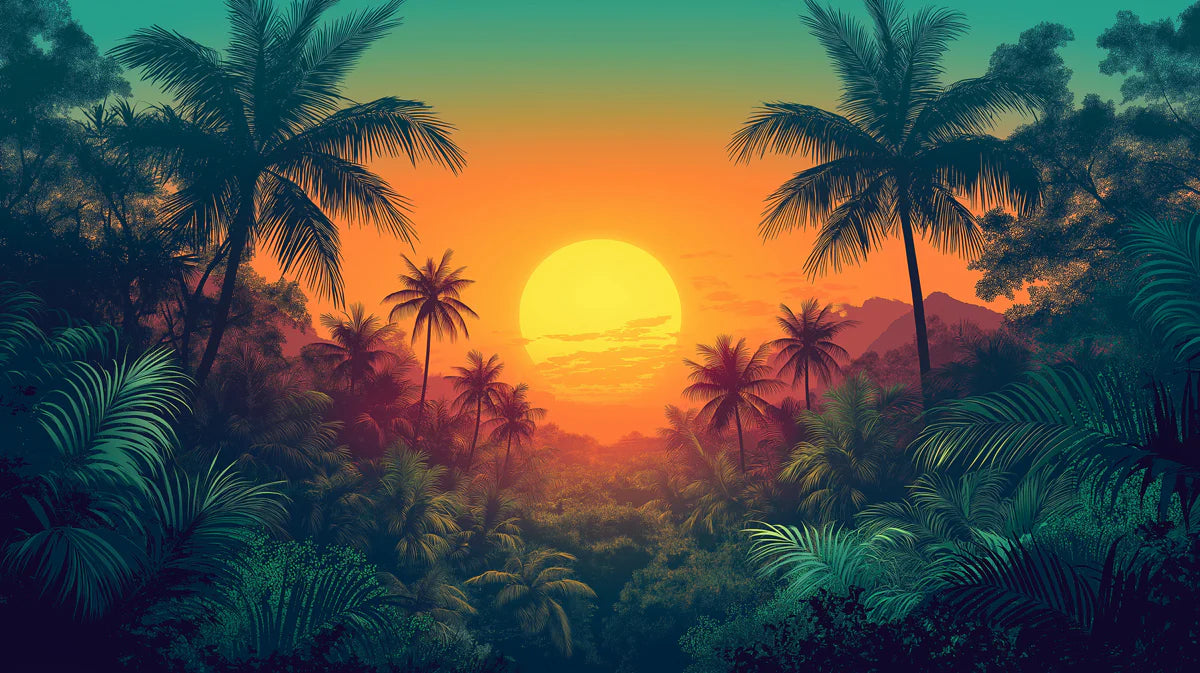 Dramatic Sunset in a Lush Tropical Jungle Mural Wallpaper Vibrant Exotic Landscape Mural Wallpaper - room preview 02