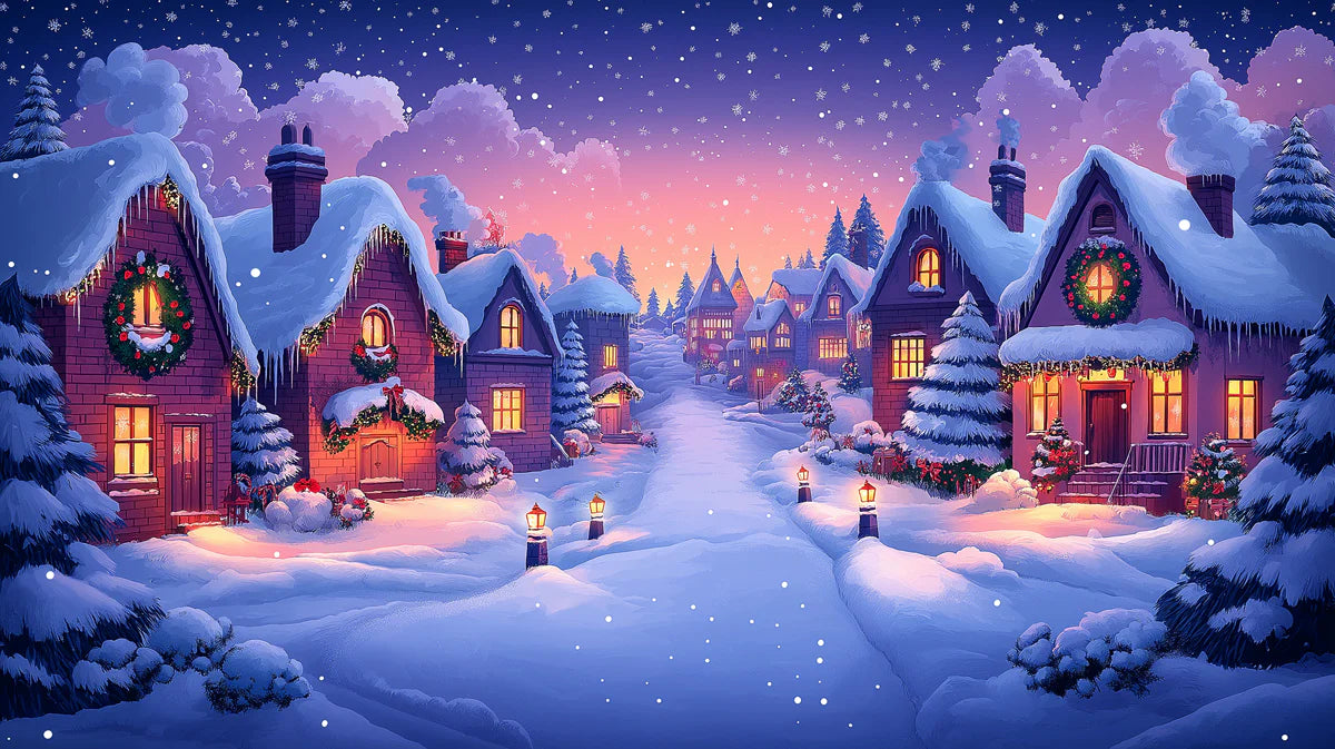 Snow-Covered Winter Village Mural Wallpaper — Twilight Scene Mural Wallpaper - room preview 02