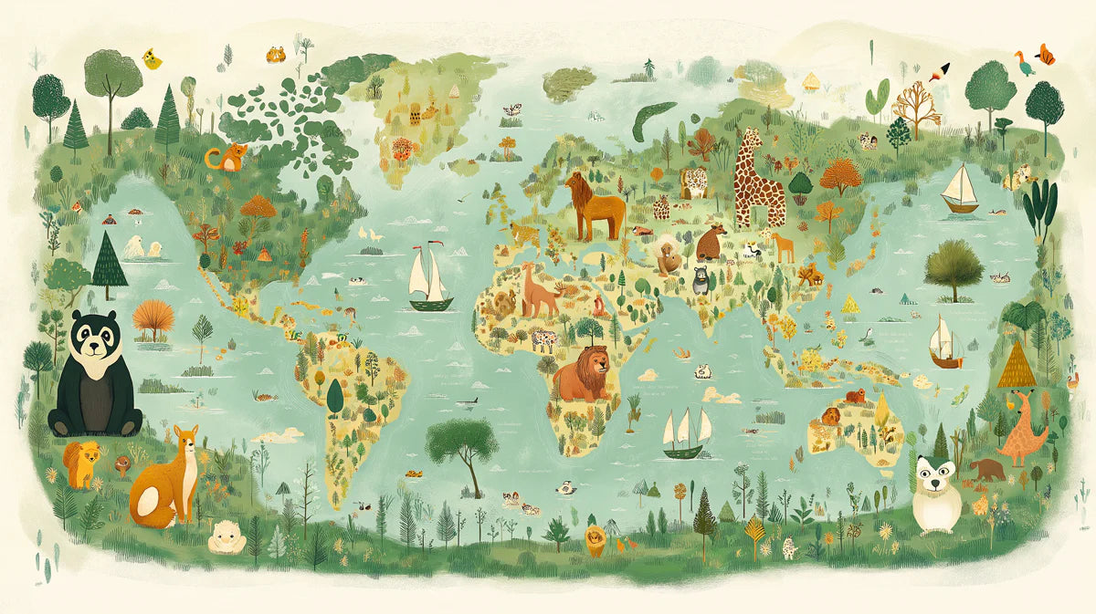 Whimsical World Map with Animals Mural Wallpaper Cute and Educational Art Mural Wallpaper - room preview 02