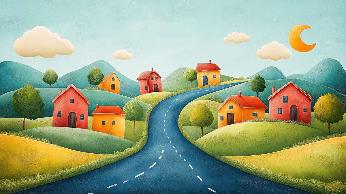 Storybook Village Road Mural Wallpaper — Whimsical Landscape Mural Wallpaper - room preview 02