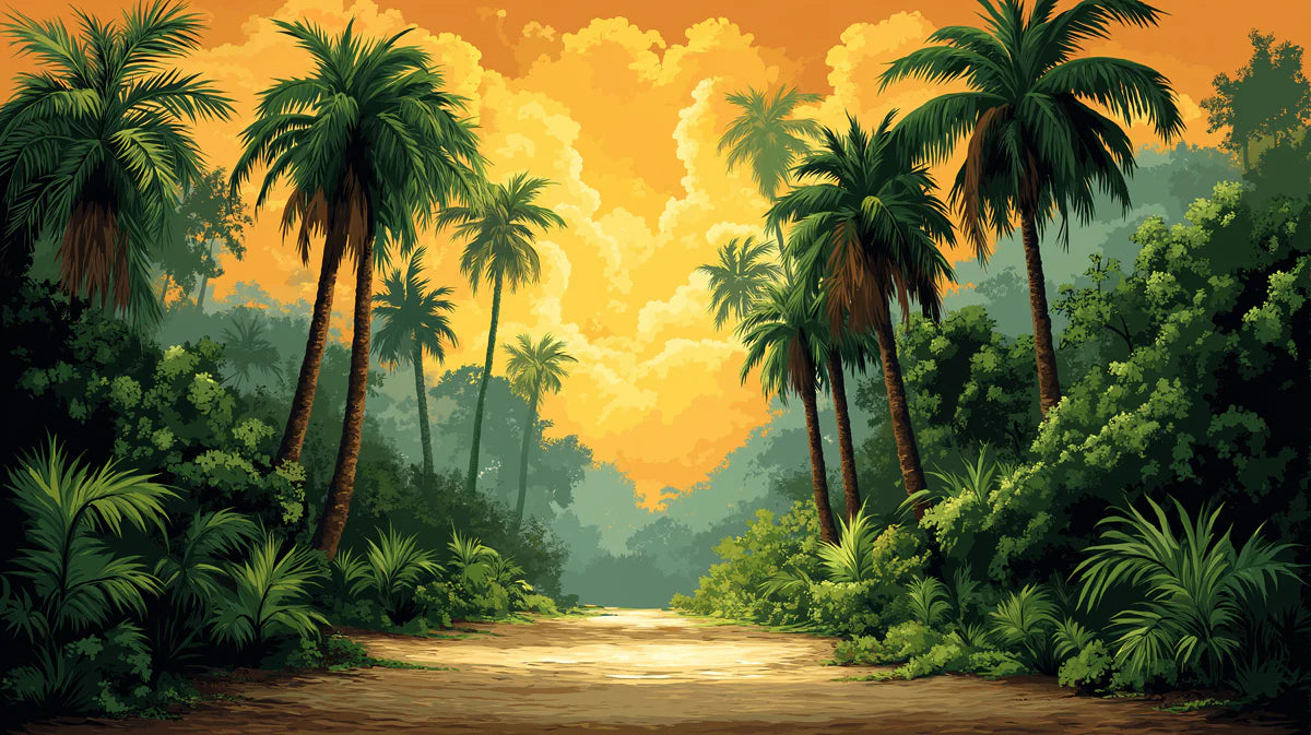 Sunlit Jungle Path with Palm Trees Mural Wallpaper Warm and Inviting Landscape Mural Wallpaper - room preview 02