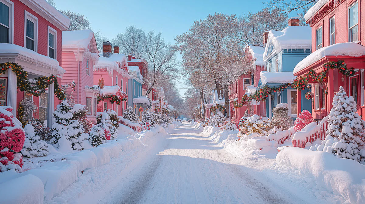 Snowy Pastel Village Street Mural Wallpaper —Whimsical Holiday Scene Mural Wallpaper - room preview 02