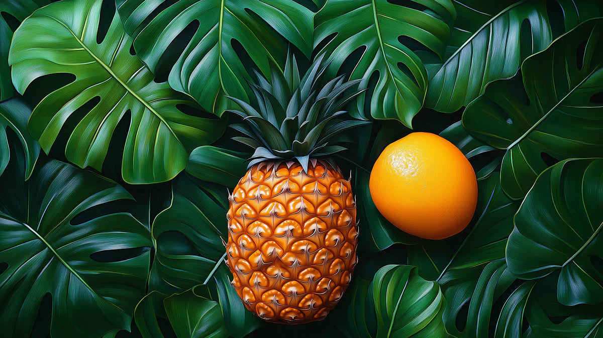 Tropical Monstera Leaves with Pineapple and Orange Mural Wallpaper Modern Fruit and Botanical Art Mural Wallpaper - room preview 02