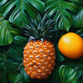 Tropical Monstera Leaves with Pineapple and Orange Mural Wallpaper Modern Fruit and Botanical Art Mural Wallpaper - room preview 02