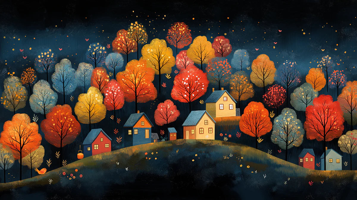 Starry Night Autumn Village on a Hillside Mural Wallpaper Whimsical Fall Scene Mural Wallpaper - room preview 02