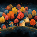 Starry Night Autumn Village on a Hillside Mural Wallpaper Whimsical Fall Scene Mural Wallpaper - room preview 02