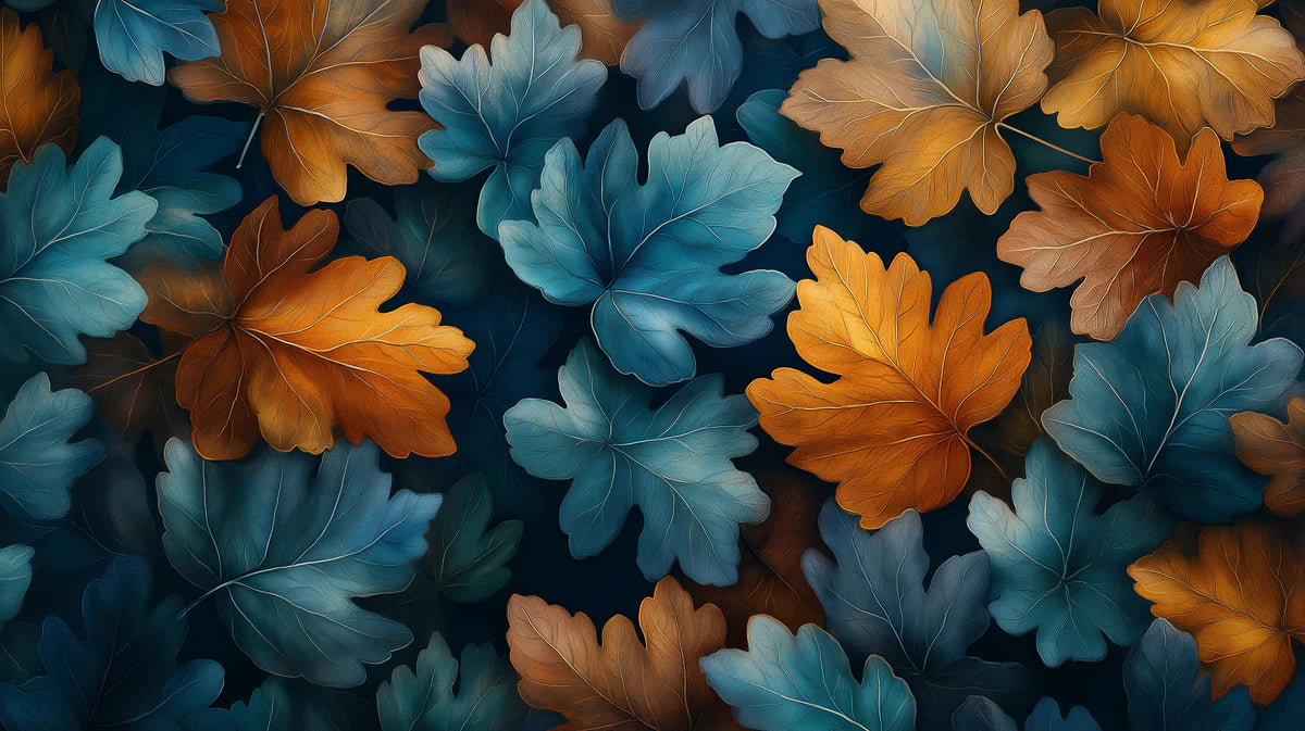 Abstract Blue and Orange Autumn Leaves Mural Wallpaper Modern Fall Pattern Mural Wallpaper - room preview 02