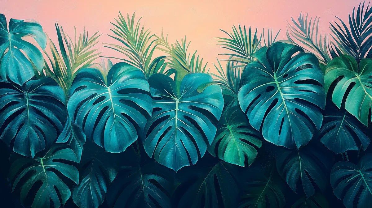 Majestic Tropical Monstera and Palm Leaves Mural Wallpaper Bold Botanical Art Mural Wallpaper - room preview 02