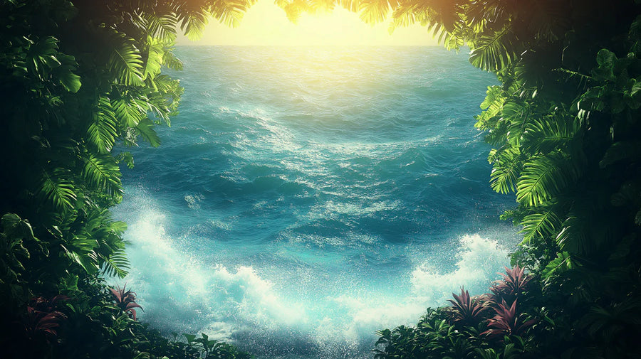Sea Wallpaper Mural – Ocean Wall Mural – Glimmering Ocean View from a Tropical Cave Exotic Coastal Art printable artwork