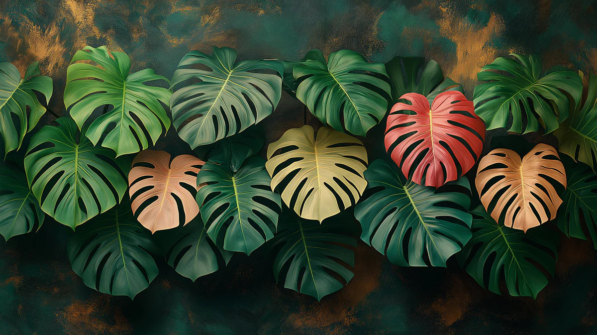 Stylish Tropical Monstera Leaves Mural Wallpaper Modern Floral Pattern Mural Wallpaper - room preview 02
