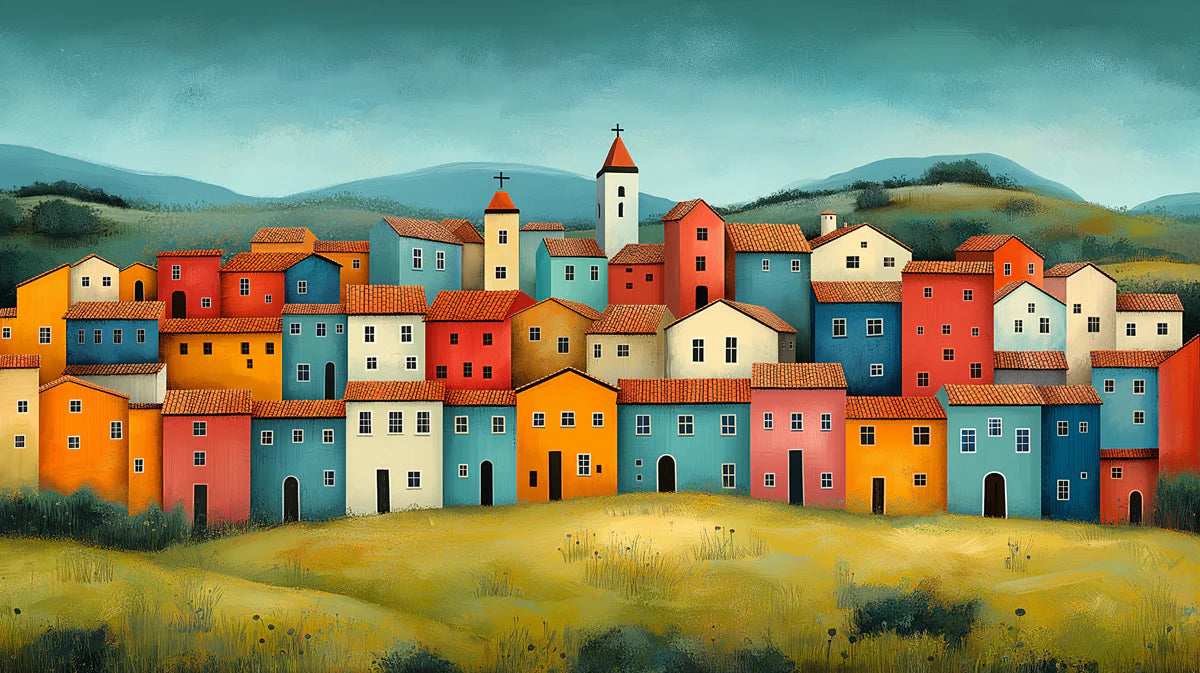 Tuscan Hillside Village Mural Wallpaper — Vibrant Painted Scene Mural Wallpaper - room preview 02