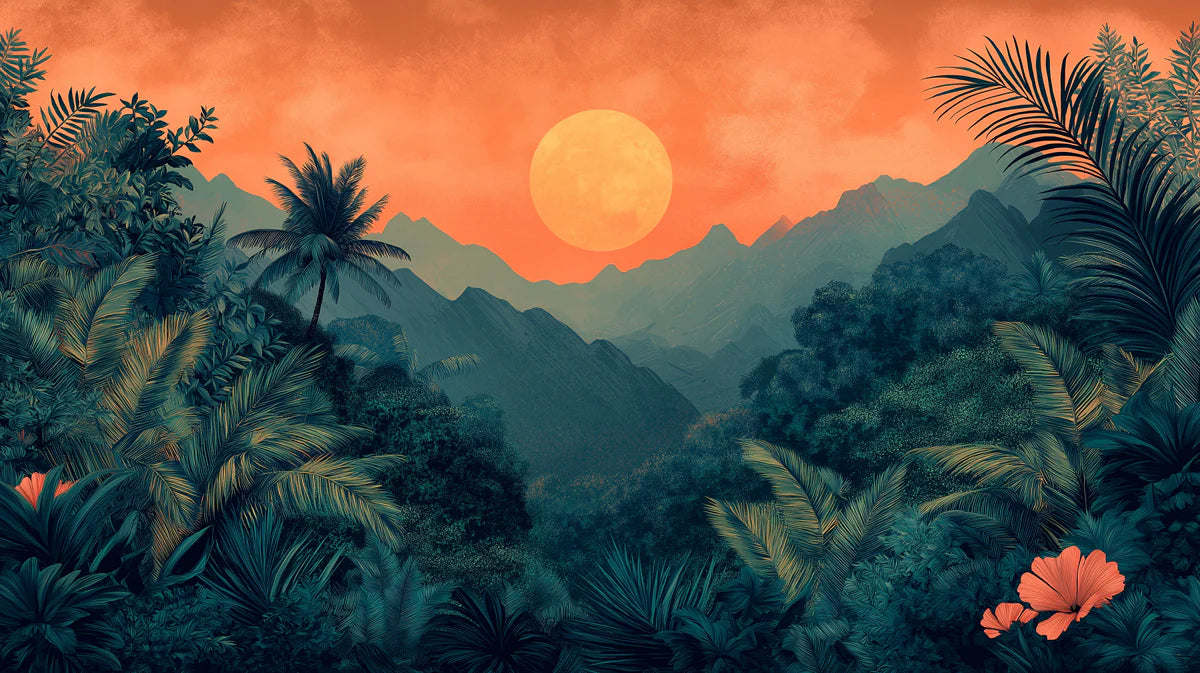 Lush Jungle Landscape at Sunset Mural Wallpaper Tropical and Scenic Art Mural Wallpaper - room preview 02