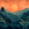 Lush Jungle Landscape at Sunset Mural Wallpaper Tropical and Scenic Art Mural Wallpaper - room preview 02
