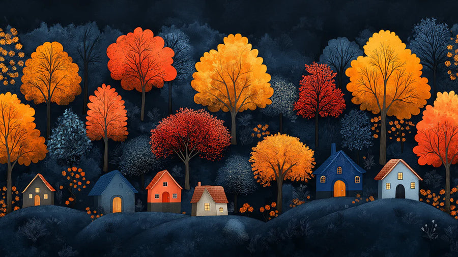 Forest Wallpaper Mural – Woodland Wall Mural – Stylized Autumn Village in a Dark Forest Moody and Cozy Scene printable artwork