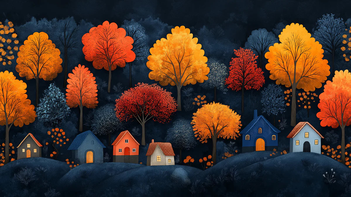 Stylized Autumn Village in a Dark Forest Mural Wallpaper Moody and Cozy Scene Mural Wallpaper - room preview 02