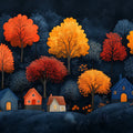 Stylized Autumn Village in a Dark Forest Mural Wallpaper Moody and Cozy Scene Mural Wallpaper - room preview 02