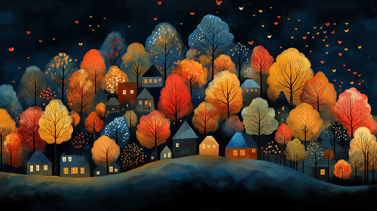 Whimsical Autumn Village at Night Mural Wallpaper Cozy and Colorful Scene Mural Wallpaper - room preview 02