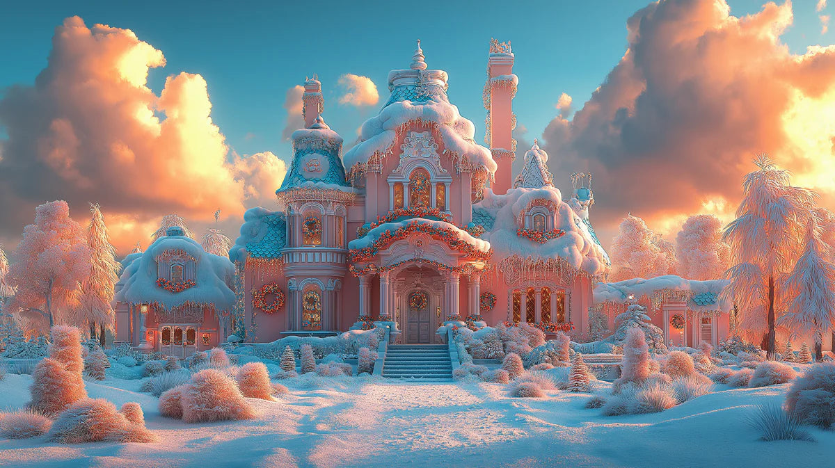 Pink Gingerbread House Mural Wallpaper — Whimsical Winter Scene Mural Wallpaper - room preview 02