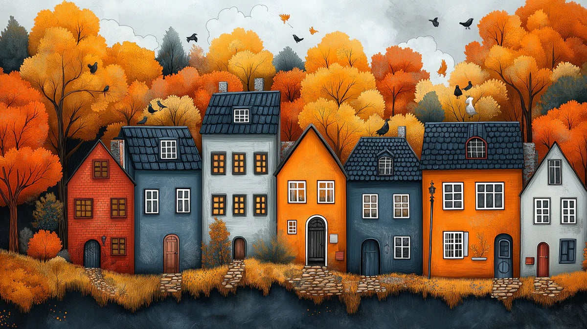 Autumn Village with Textured Houses and Trees Mural Wallpaper Rustic and Colorful Scene Mural Wallpaper - room preview 02