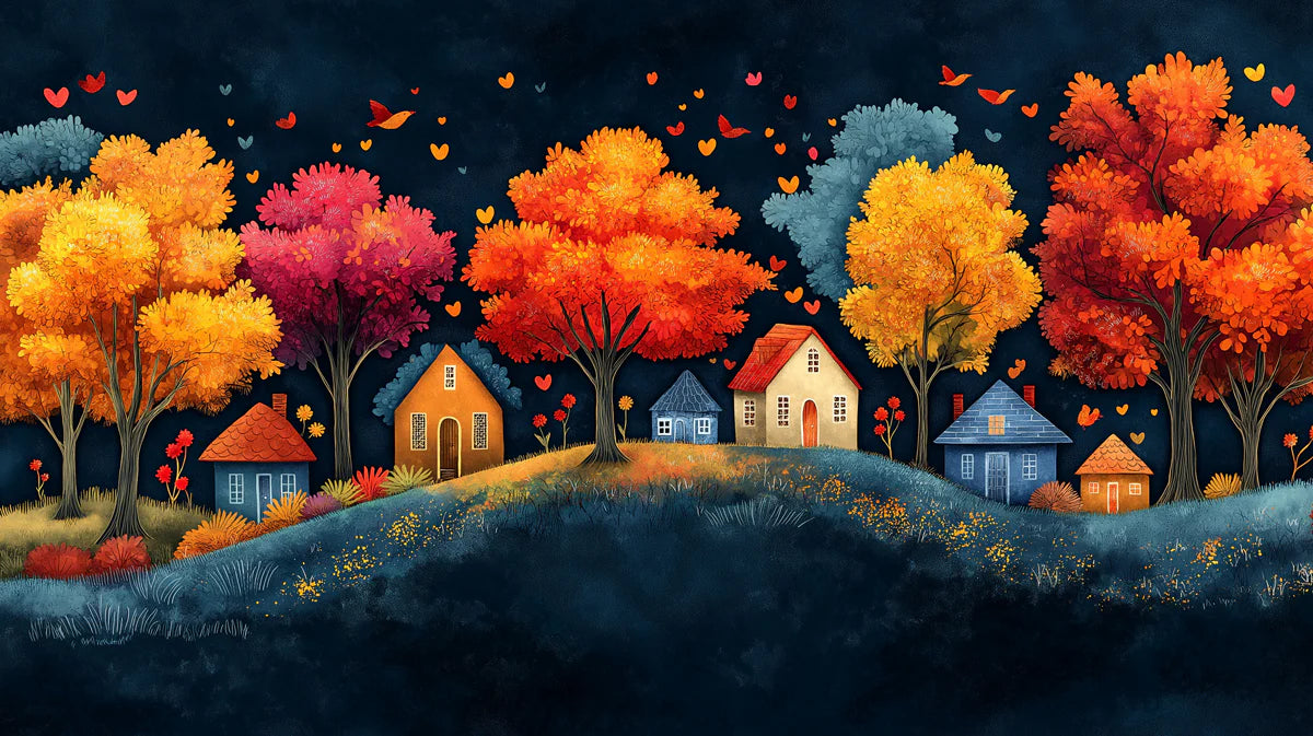 Whimsical Autumn Village at Night Mural Wallpaper Storybook Landscape Mural Wallpaper - room preview 02
